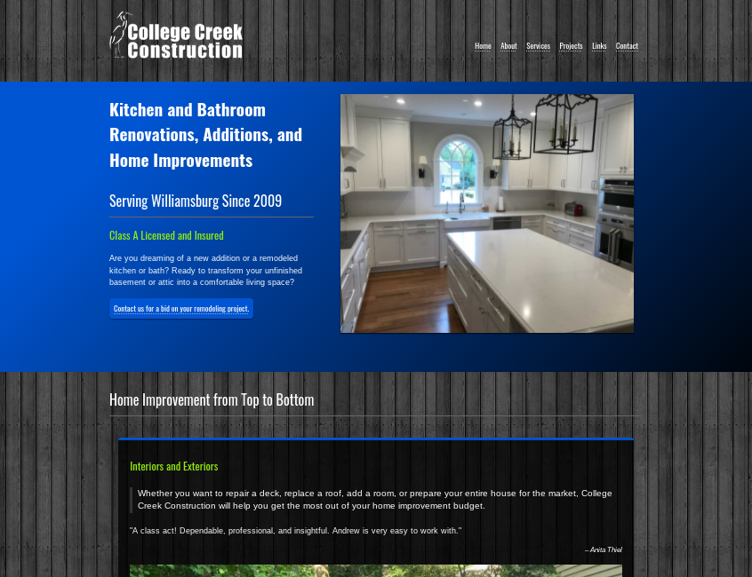 home page of a construction company website